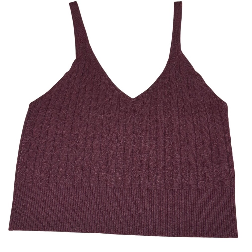 Anthropologie Cable Knit Cami Tank Top Womens Medium Burgundy Red V-Neck Cropped